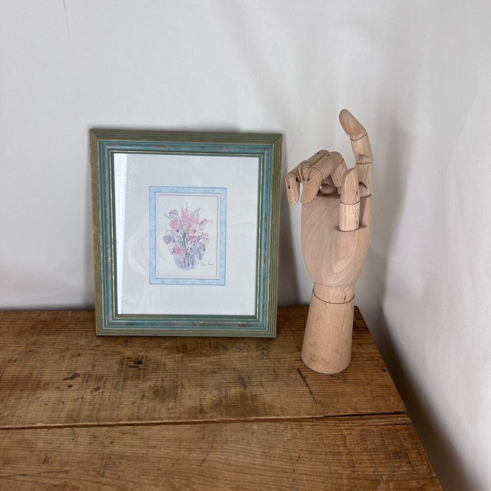 Vintage Sarah Harley Floral Print in Green & Gold Frame - 9x10 In Wall Art Décor